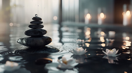 Spa stones in water with candles and flowers. Zen concept. - obrazy, fototapety, plakaty