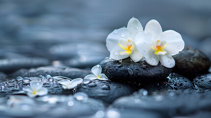 zen basalt stones and white orchid with water drops, closeup