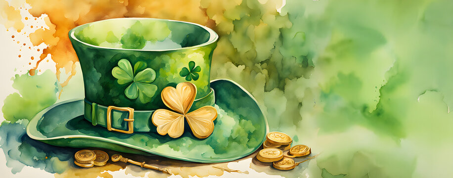 Watercolor Style: Green and Gold Shamrock with Leprechaun Hat, Coins, and Blank Space for Text