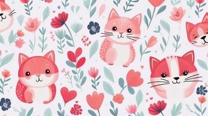 Cute kitten hearts and flowers very beautiful abstract seamless pattern - obrazy, fototapety, plakaty