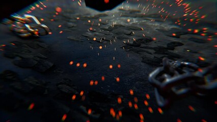 Chain broken by a hammer symbolizing liberation.