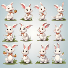 Fototapeta premium Collection of white easter rabbit in different poses. cartoon illustration