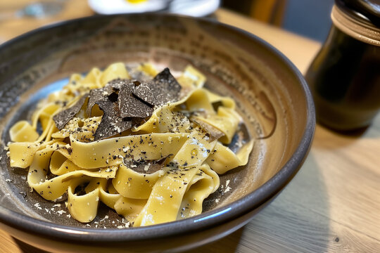 plat de p&acirc;tes italiennes, tagliatelles, avec une sauce &agrave; la truffe noire, en copeaux, bol en c&eacute;ramique marron, sur une table en bois et un bocal de truffe avec espace n&eacute;gatif pour texte copyspace