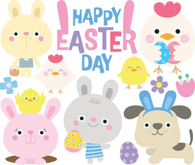 Obraz premium hello spring happy Easter Day cute rabbit dog and chick play eggs hunt easter holiday activity