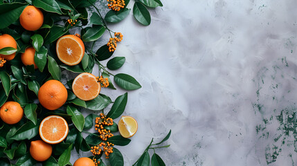 Fresh oranges and rowan leaves background. - obrazy, fototapety, plakaty