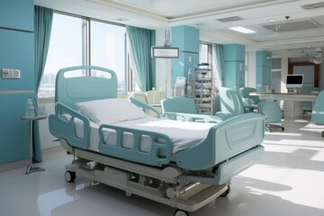Contemporary Hospital Room with Teal Accents and Urban Skyline View.