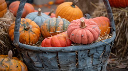 Multicolored pumpkins in a large basket.