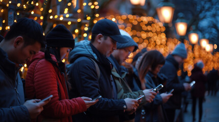 Urban Exploration: Engrossed in Smartphones, Line of Individuals Await Under Warm String Lights, Shallow Depth of Field Captures Common City Life Technology Dominance.