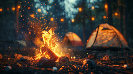 Campfire and tent. Summer camping.