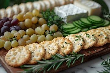 Fototapeta na wymiar Platter of Crackers, Grapes, Cucumbers, and Cheese