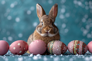 Fototapeta na wymiar Rabbit Sitting Between Eggs on Table