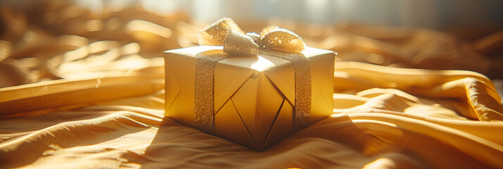 Glowing golden gift box on golden silk background for Christmas  , birthday, and every event concept background    - obrazy, fototapety, plakaty