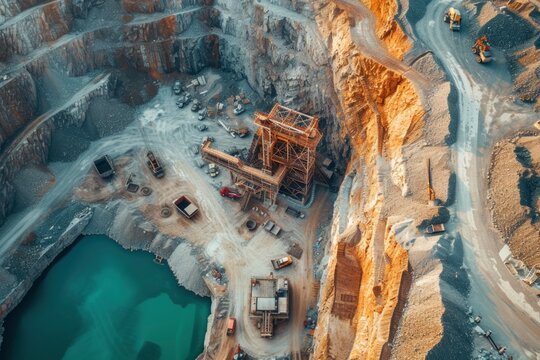 Industrial Mining Complex with Machinery and Conveyor Amidst Rocky Terrain.