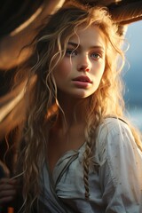 Ethereal Young Woman with Sunlight in Curly Hair by the Sea.