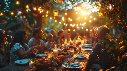Family and Multiethnic Diverse Friends Gathering Together at a Garden Table.Tasty Salads for a Big Family Celebration with Relatives. - obrazy, fototapety, plakaty