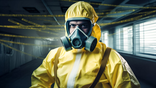 Male inspector chemical PPE suit investigate chemical gas leak spill with safety face mask in area closed barricade security tape.
