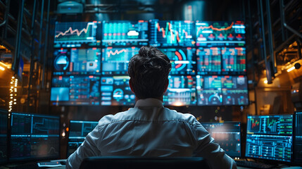Trader, broker look at the screen on stock market graphs of abstract index. Financial, business, stock exchange background