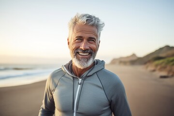 Fototapeta na wymiar Portrait of a smiling senior man standing on the beach at sunrise