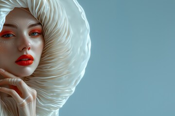 Model Vogue Gesicht mit grandiosen Make up in rot in designer Kleidung für Poster als Nahaufnahme, ai generativ - obrazy, fototapety, plakaty