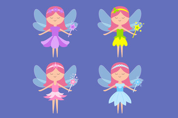 Fairy little princess with wings. Paper doll set. Different flower dress set. Hair decoration, magic wand. Cute cartoon kawaii funny magic character. Flat design. Violet background. Isolated.
