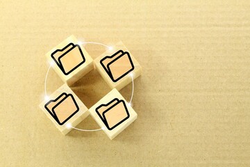 wooden cube with folder icon. Document Management System. Software for archiving, searching and...