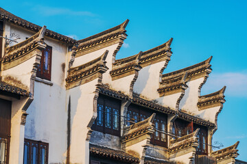 Fototapeta na wymiar Upward close-up of ancient buildings in Wuzhen, Zhejiang Province, China