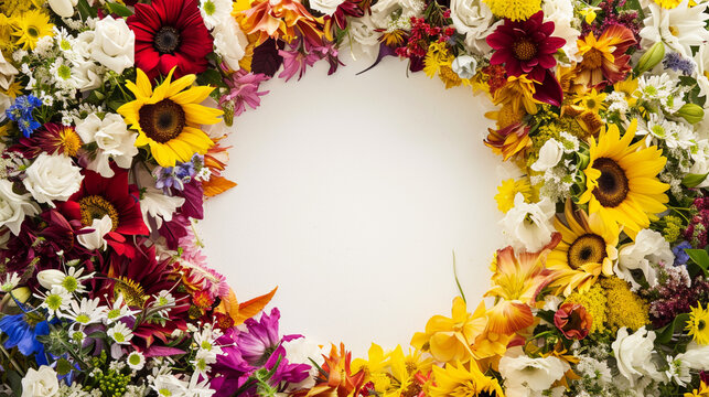 Picture a circular frame made of blooming flowers, each section representing . Generative Ai