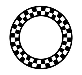 Checkered circle frame. Circle frame with checkerboard geometric pattern. Round chess border with black and white square pattern. Round race frame. Vector illustration on white background.