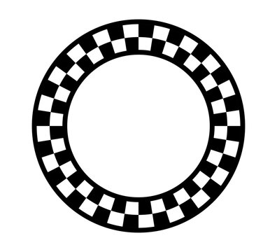 recommend clip art: Checkered circle frame. Circle frame with checkerboard geometric pattern. Round chess border with black and white square pattern. Round race frame. Vector illustration on white background.
