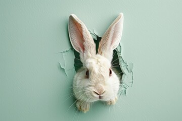 Obraz premium A Curious White Rabbit Peeking Through a Torn Pastel Green Wall, Capturing Playfulness and Innocence, Generative AI