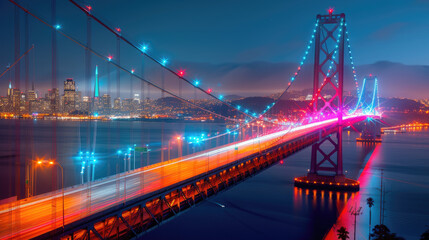 Fototapeta na wymiar Iconic San Francisco Bridges: Steel and Light Over the River