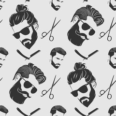 Barbershop seamless pattern with hipster face, hairdressing scissors and razor. Vector illustration