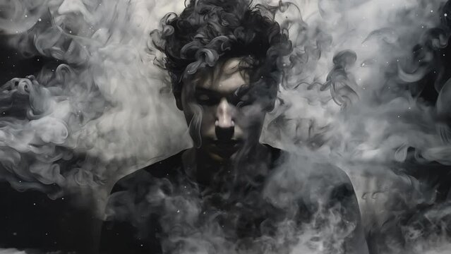 man emerging from smoke a contemporary interpretation. black smoky illustration on white background. seamless looping overlay 4k virtual video animation background 