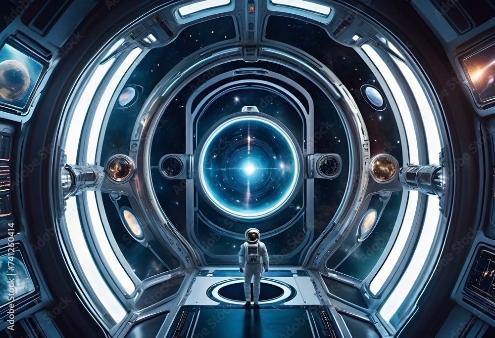 Poster a man in a space suit is gazing out of a large window in a spaceship, surrounded by a blue hue. the 