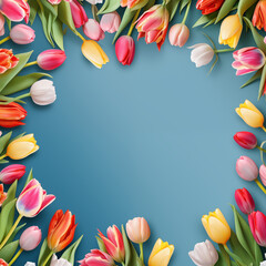 arrivée du printemps, tulipes multicolores en bordure complète tout autour du fond bleu clair central, avec espace négatif pour texte copyspace - obrazy, fototapety, plakaty