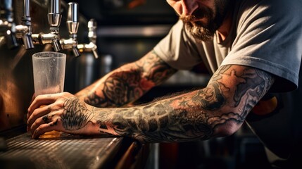 Close up daylight photo of tatooed bartender filling beer mug from Kegerator's beer taps - obrazy, fototapety, plakaty
