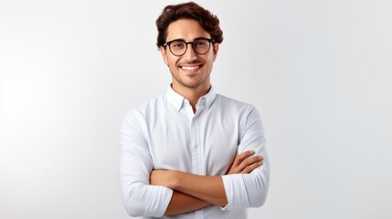 Portrait of young handsome smiling business guy wearing gray shirt and glasses, feeling confident with crossed arms, isolated on white background