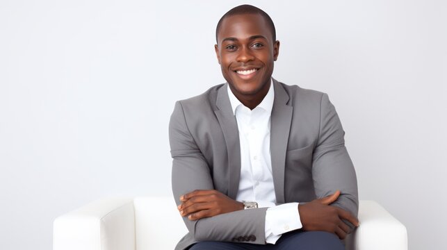 Portrait of confident young smiling African American businessman standing with crossed arms over white background