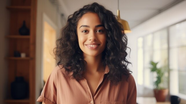 portrait of confident young Indian woman renter or tenant pose in modern own new apartment or house. Profile picture of millennial mixed race female look at camera