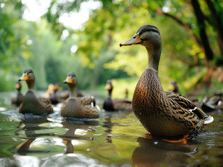 A group of beautiful ducks are on the edge and swimming in the pond.