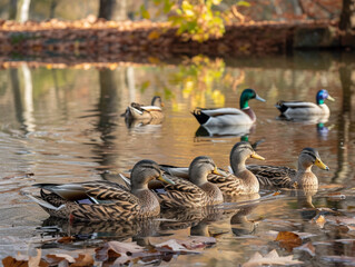 A group of beautiful ducks are on the edge and swimming in the pond.