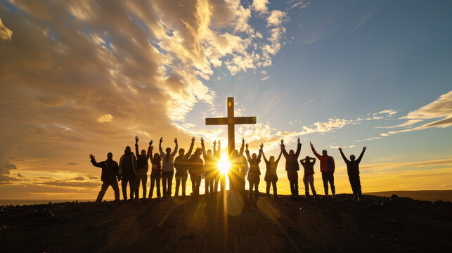 a group of Christians raise their hands in the air in front of a cross, Ai produces Image