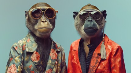 Monkey Mates in Floral Blazers. Eccentric Animal Pair Fashion