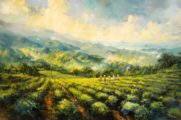 Green tea bush plantation with hills and mountains on background