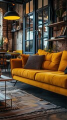 Vibrant Mustard Yellow Sofa in Chic Industrial Living Space
