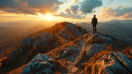 Keuken spatwand met foto silhouette of man on top of mountain peak at sunset. Created with generative AI.  © lchumpitaz