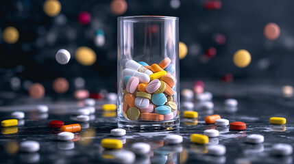 Glass full of assorted colorful pills.