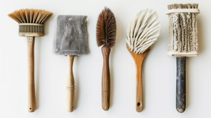 Essential Cleaning Tools: Variety of Modern Brushes and Sponges on a White Surface
