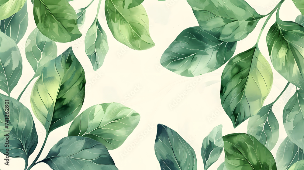 Wall mural seamless floral print with green leaves, watercolor foliage pattern - Wall murals