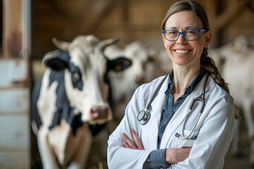 A veterinarian woman standing next to a cow in a shed - obrazy, fototapety, plakaty
